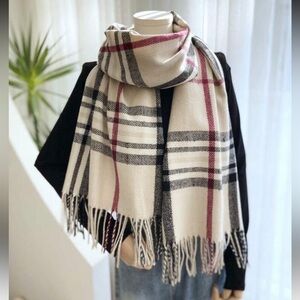 Plaid Fringe Scarf - Cream, Black, Red